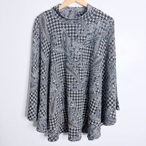 Susan Graver Houndstooth Paisley‎ Print Cowl Neck Poncho Cape Black Gray XL/1X